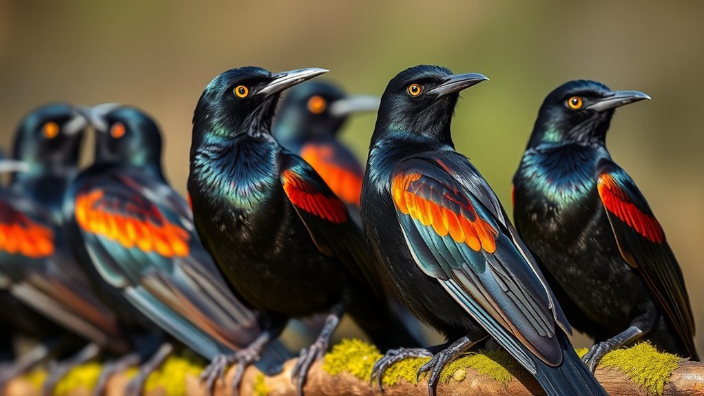 Black Birds With Notable Red Wing Patterns 3 iridescent blackbird with yellow eye
