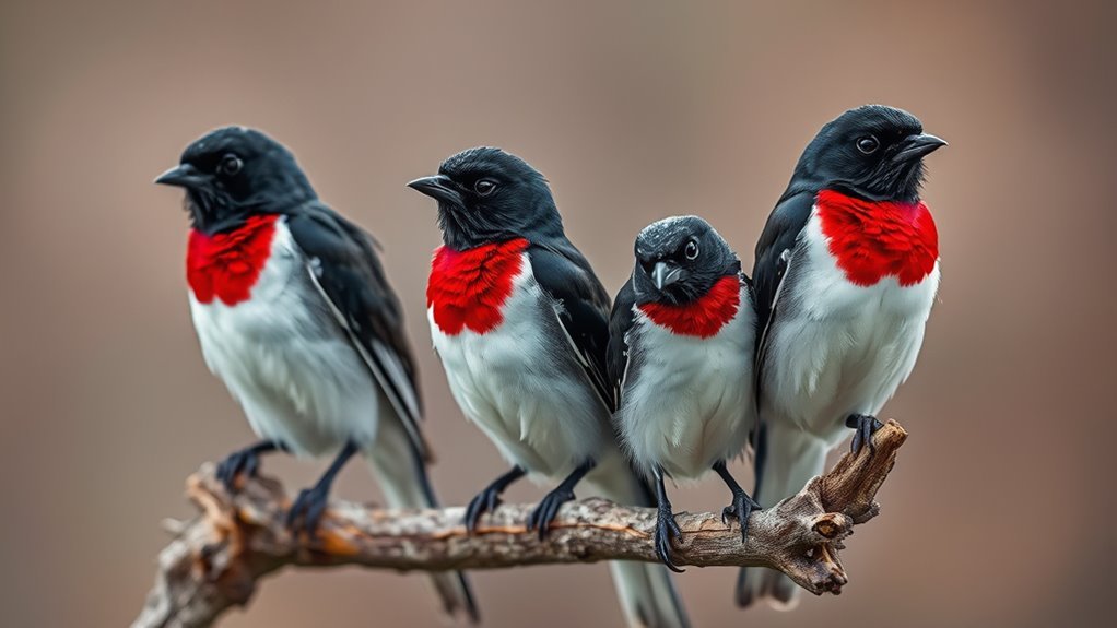 red chested black and white birds